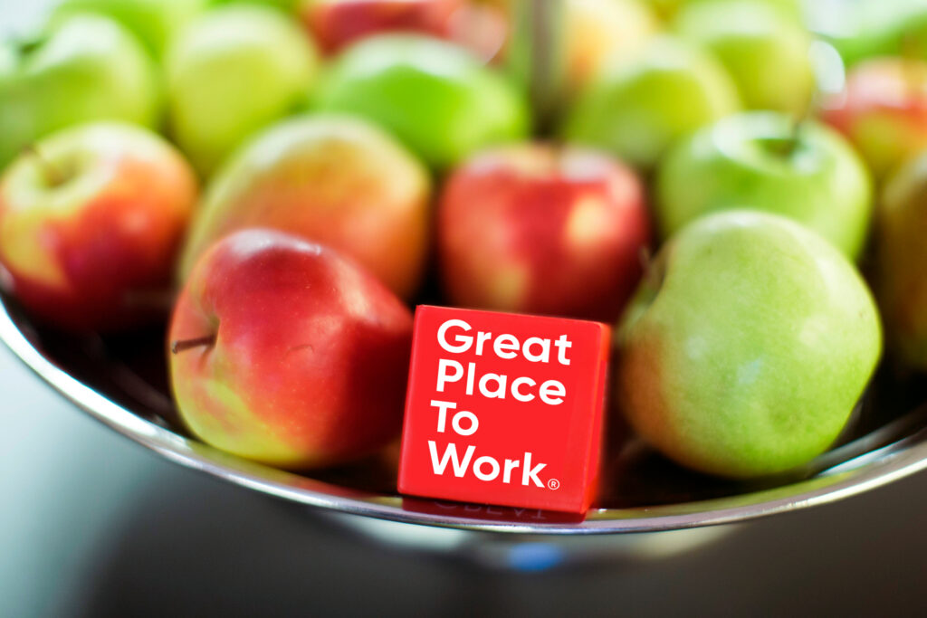 bowl of apples with a GPTW cube in between