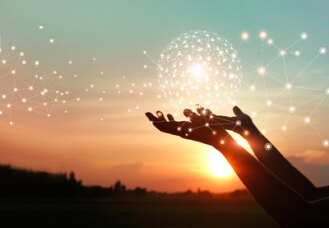 silhouette of hands holding globe of lights