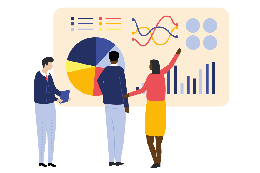 illustration of three people infront of a chart